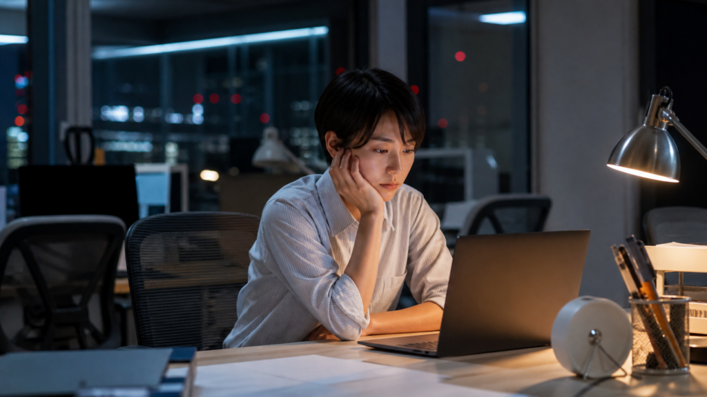 残業50時間がきつく甘えなのか悩みながら夜のオフィスで働く会社員
