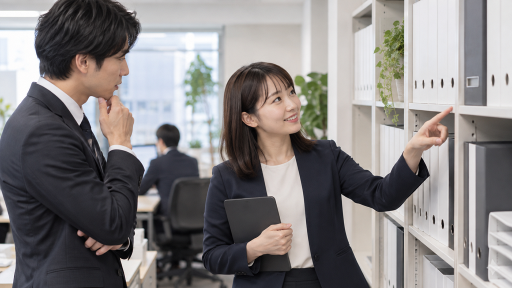 就業規則の閲覧方法を人事担当者に確認する会社員