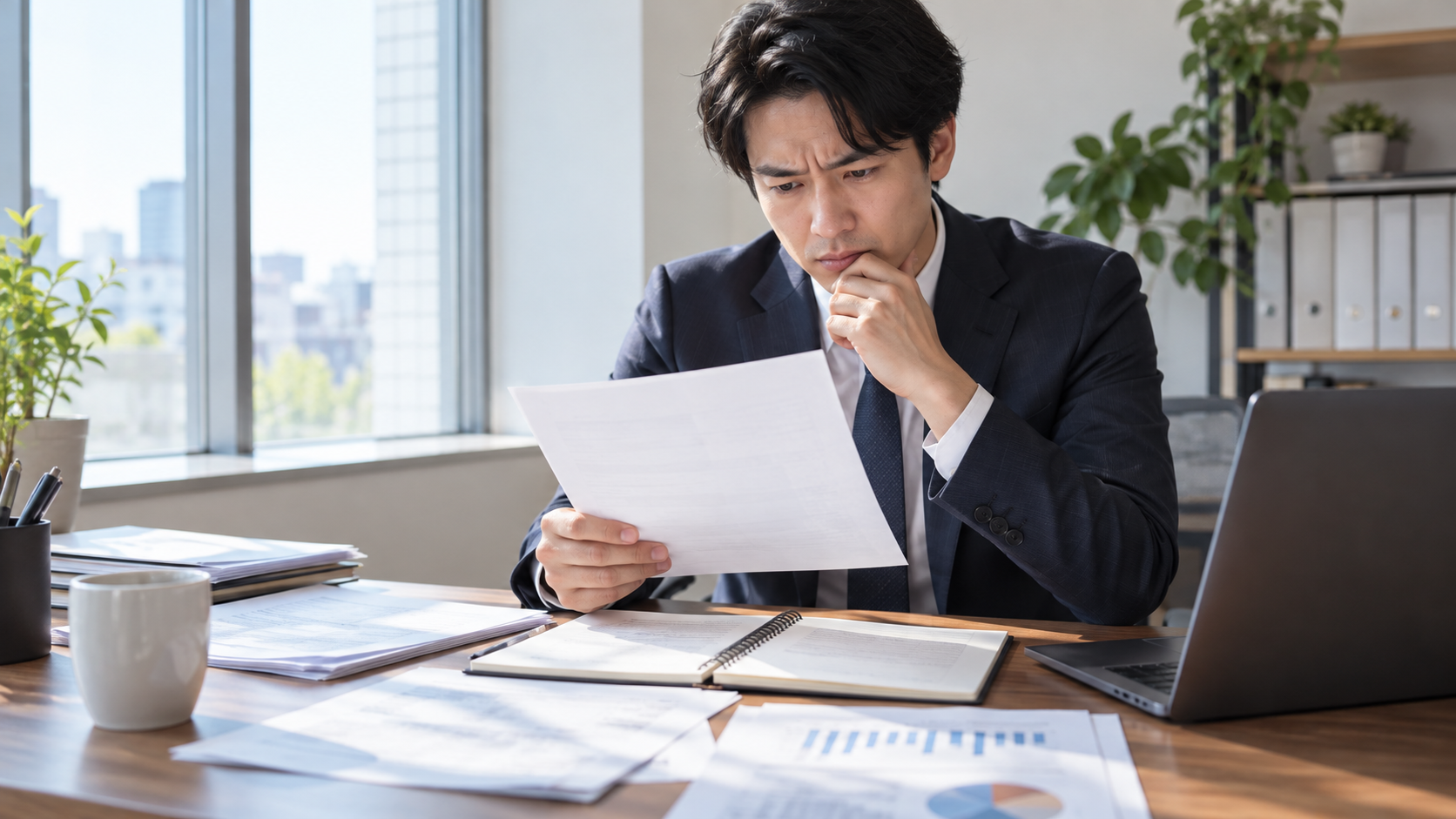 仕事のミスに関する請求資料を確認する会社員