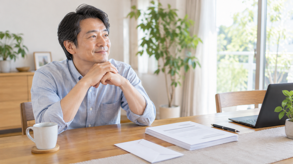 退職後の書類手続きを進めるために資料を整理する人