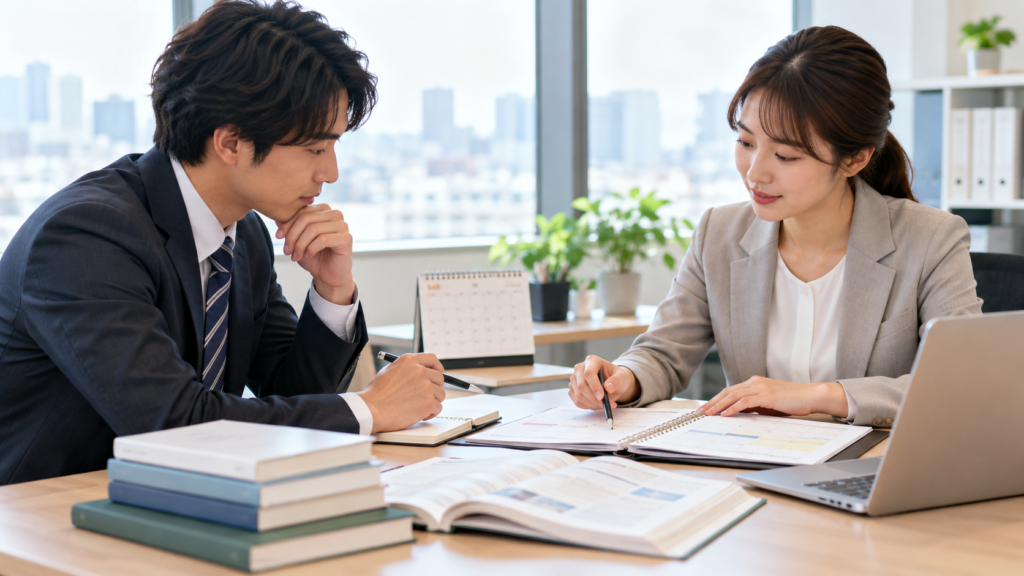 学習休暇の計画を人事担当者と確認する会社員