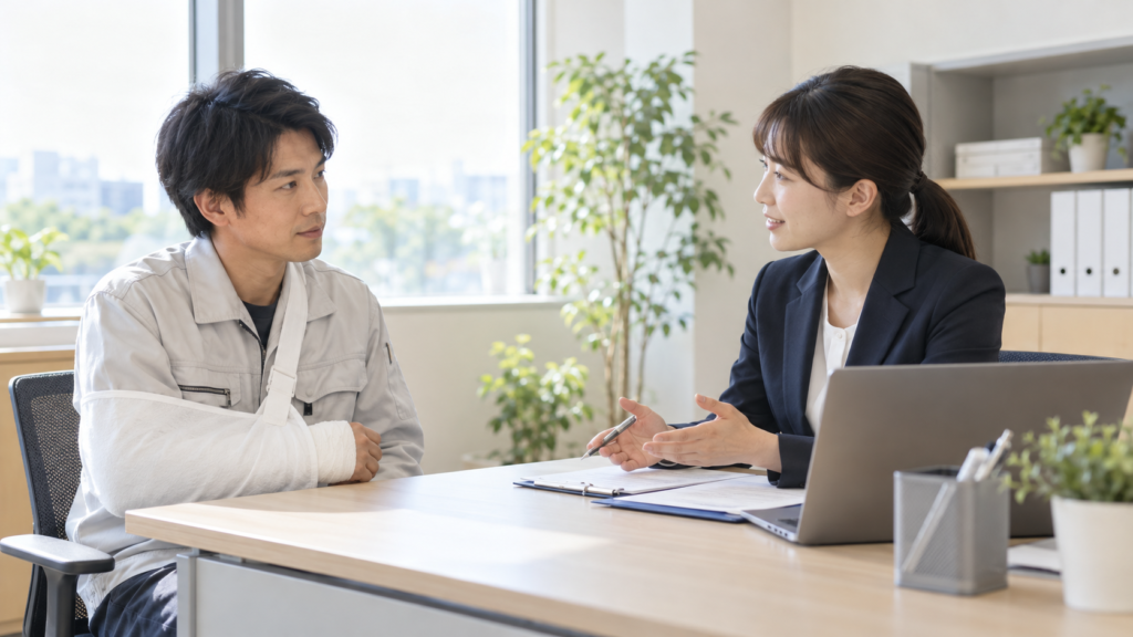腕を保護した会社員が相談員と給付の条件を確認するイメージ