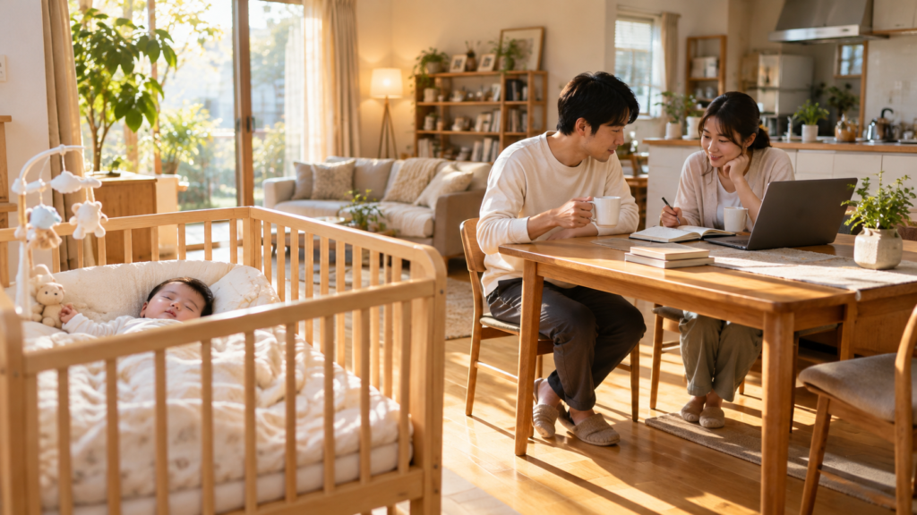 子どもを見守りながら育児休業の予定を相談する夫婦