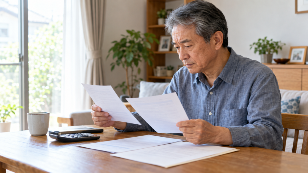 60歳前後の会社員が給与明細と雇用契約書を見比べる様子