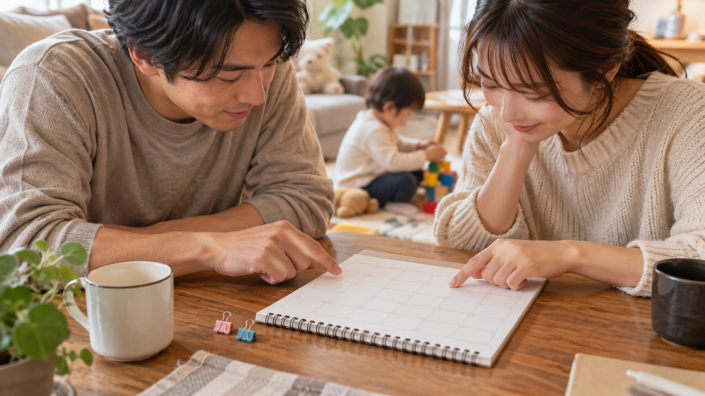 二人分の休業予定をカレンダーで照合する手元