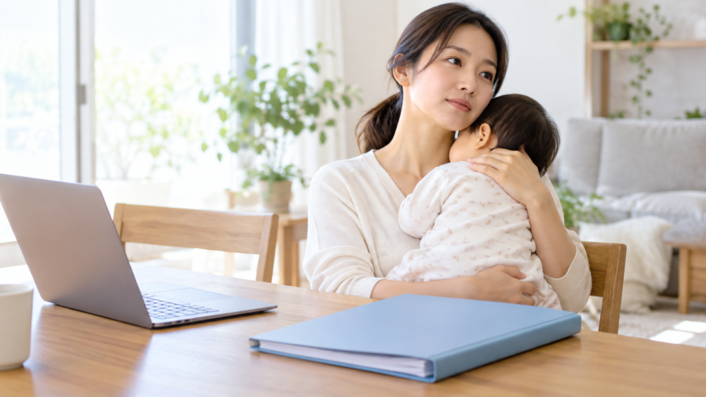 幼い子を抱きながら家庭で過ごす保護者