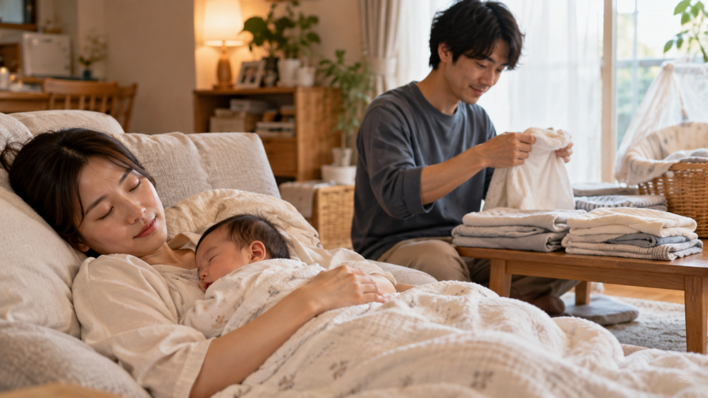 産後に休む母親のそばで家事をする父親