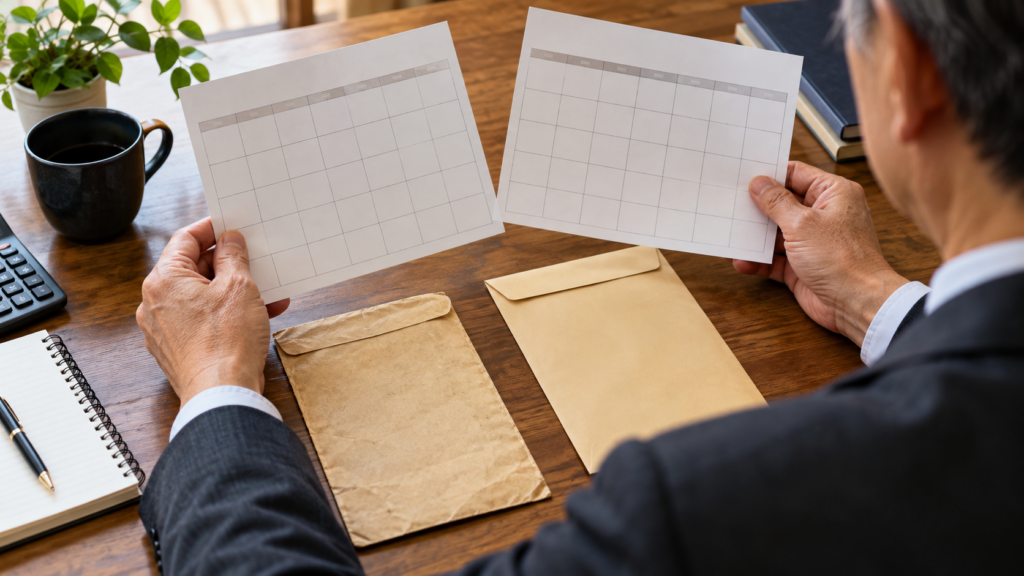 改正前後の時期と給与資料を照合する手元