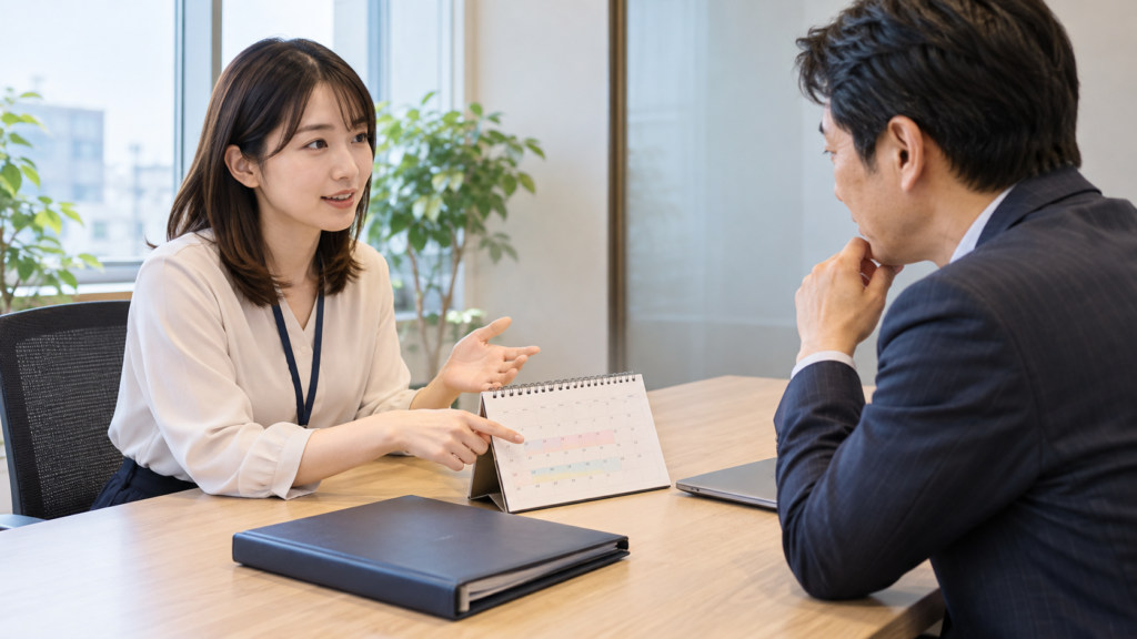 学習休暇の取得期間と復帰予定を上司に相談する場面