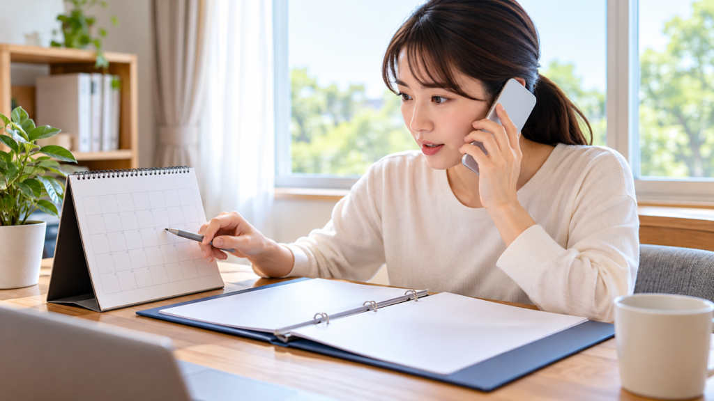 カレンダーを見ながら手続きの相談電話をする人