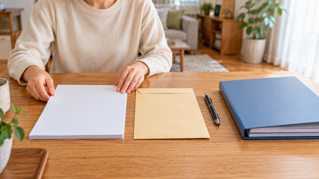申請に必要な書類と封筒を机で整理する手元