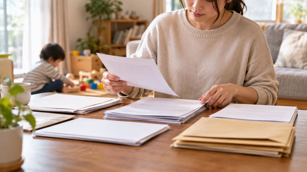 出生後休業支援給付金の申請書類を整理する親