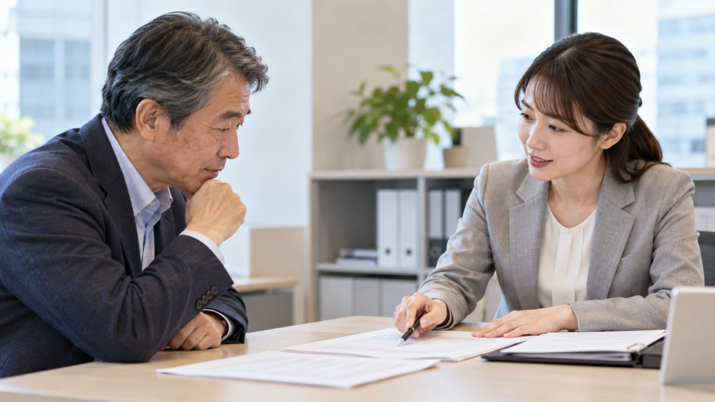 会社の人事担当者に給付申請の書類を相談する様子