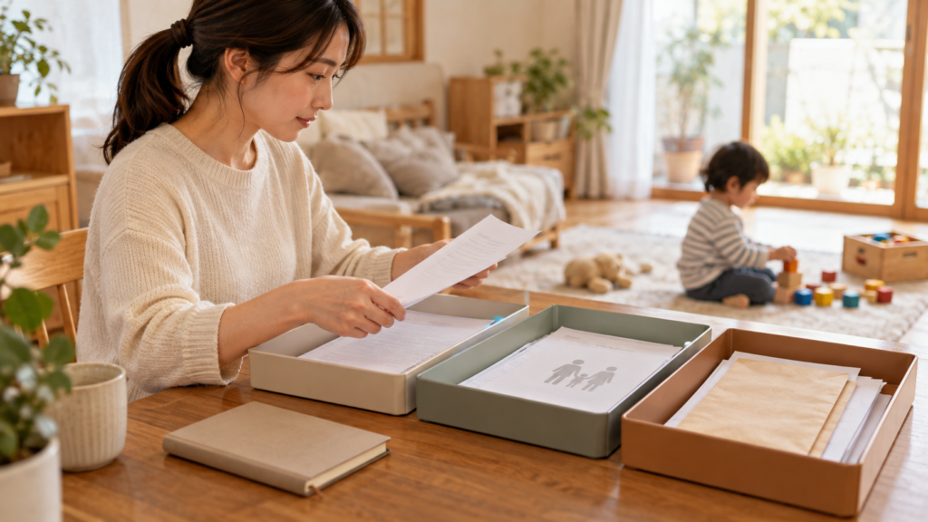 家族関係と配偶者の状況を確認する資料を分けた机