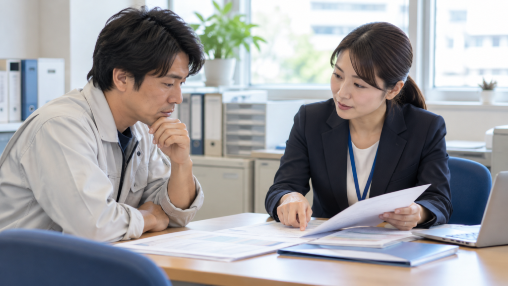 会社の証明が得られない事情を窓口で相談するイメージ