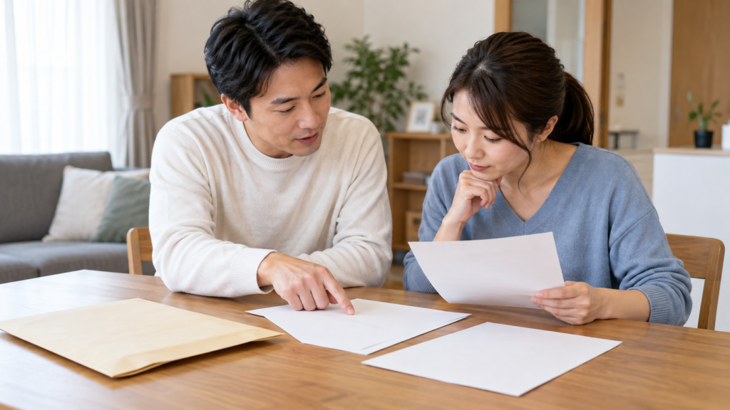 家族と申請書や郵送用封筒を確認する人