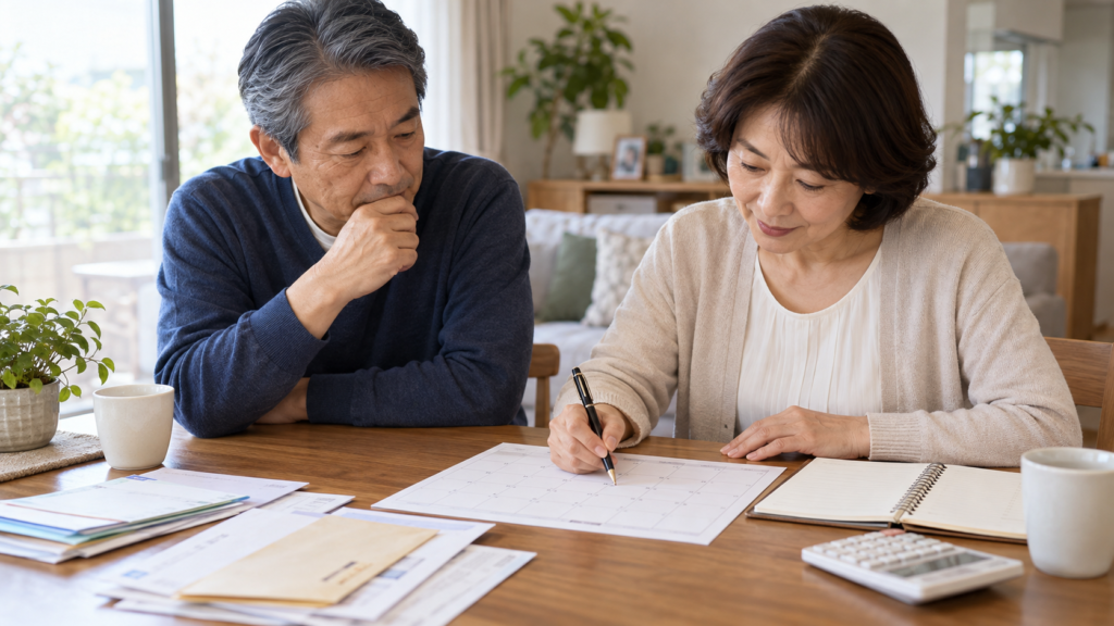 申請時期と生活費の支払予定を家族で確かめる様子