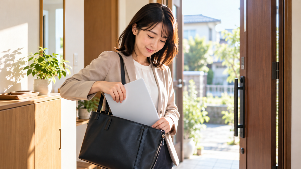 回復後の手続きに向けて書類を鞄へ入れる人