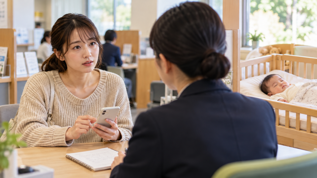 必要事項をまとめて給付金の窓口へ相談する親