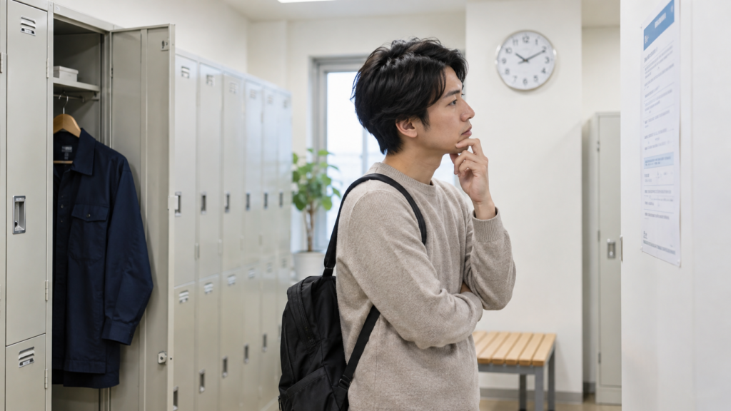 制服と時計がある職場の更衣室で着替えの条件を確認するイメージ