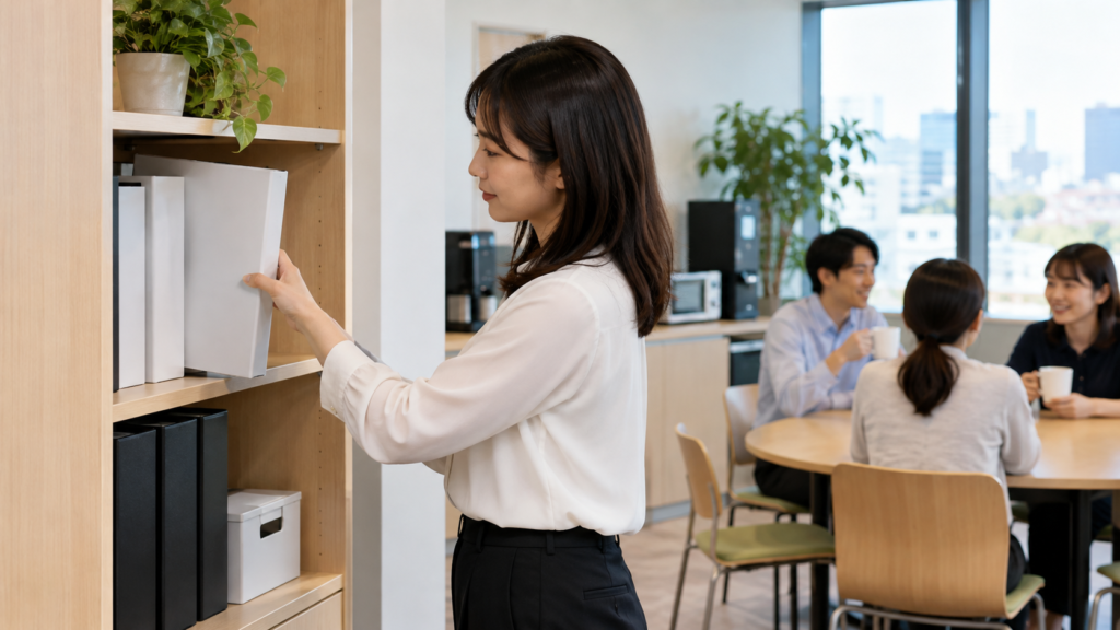共有棚に置かれた規則ファイルを確認する社員