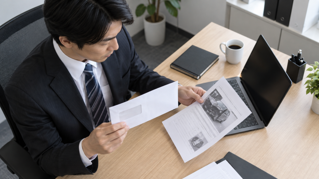 会社からの請求内容と事故の報告書を確認する会社員