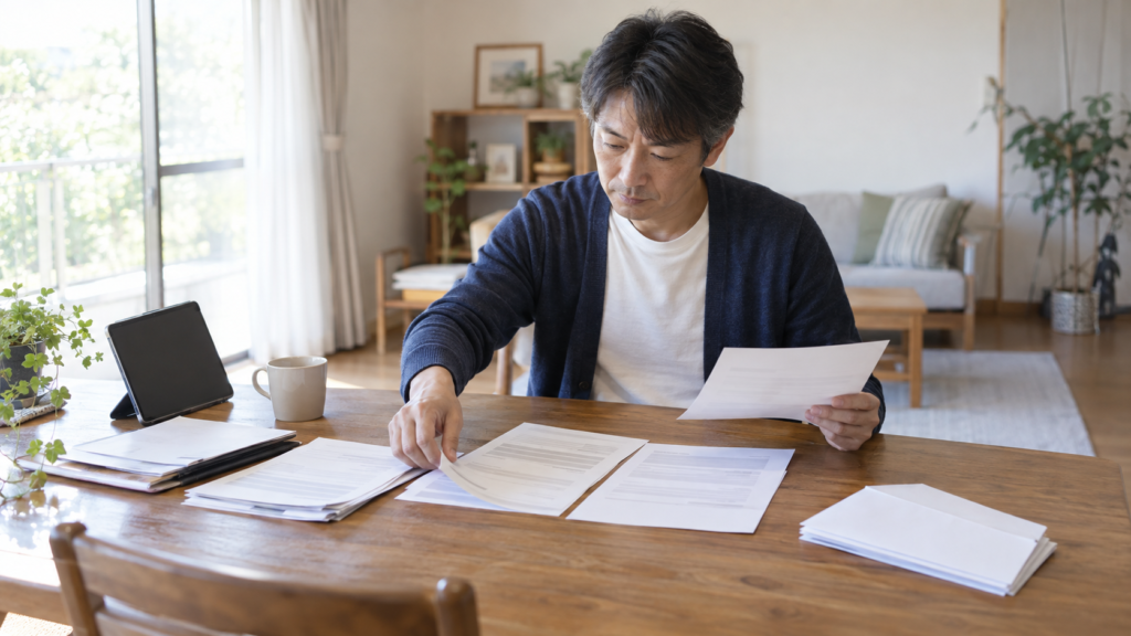 退職後の必要書類と封筒を整理する人