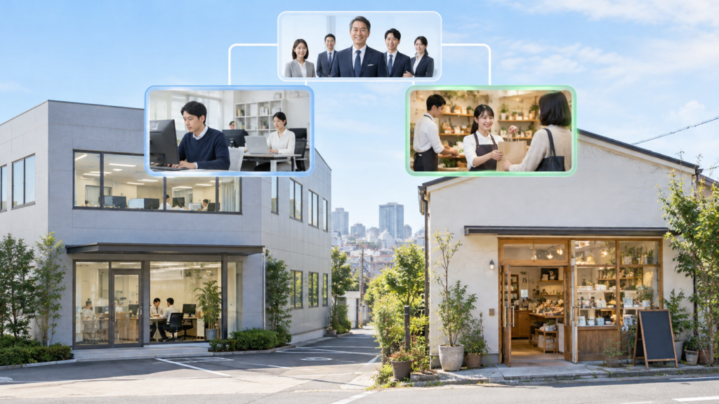 別々の建物にある事務所と店舗で働く従業員
