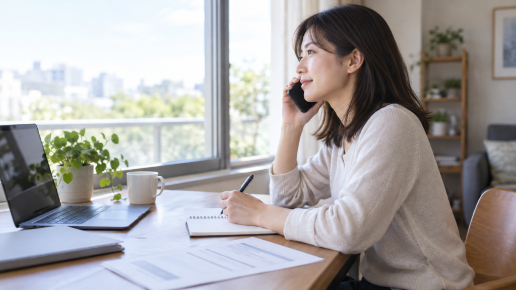会社への確認内容を整理しながら電話する人