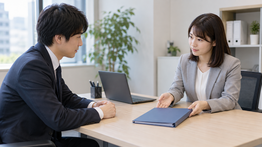 人事担当者に規則の閲覧方法を尋ねる社員