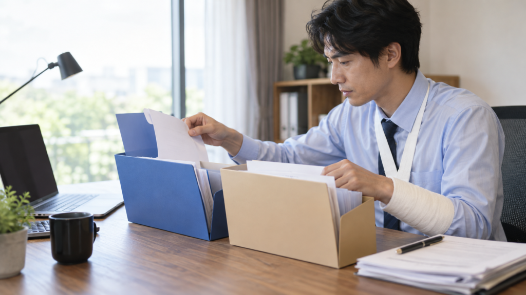 事故後の業務資料と賠償請求の資料を整理する会社員