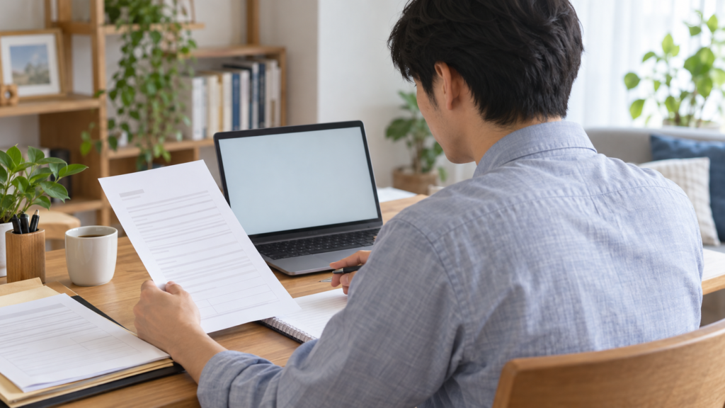 会社への書類依頼をパソコンで準備する人