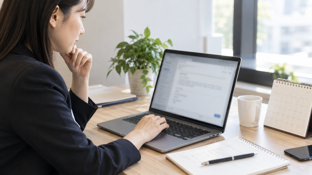 閲覧依頼のメールと回答時期を確認する社員