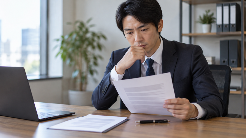 署名する前に合意書の内容を確認する会社員