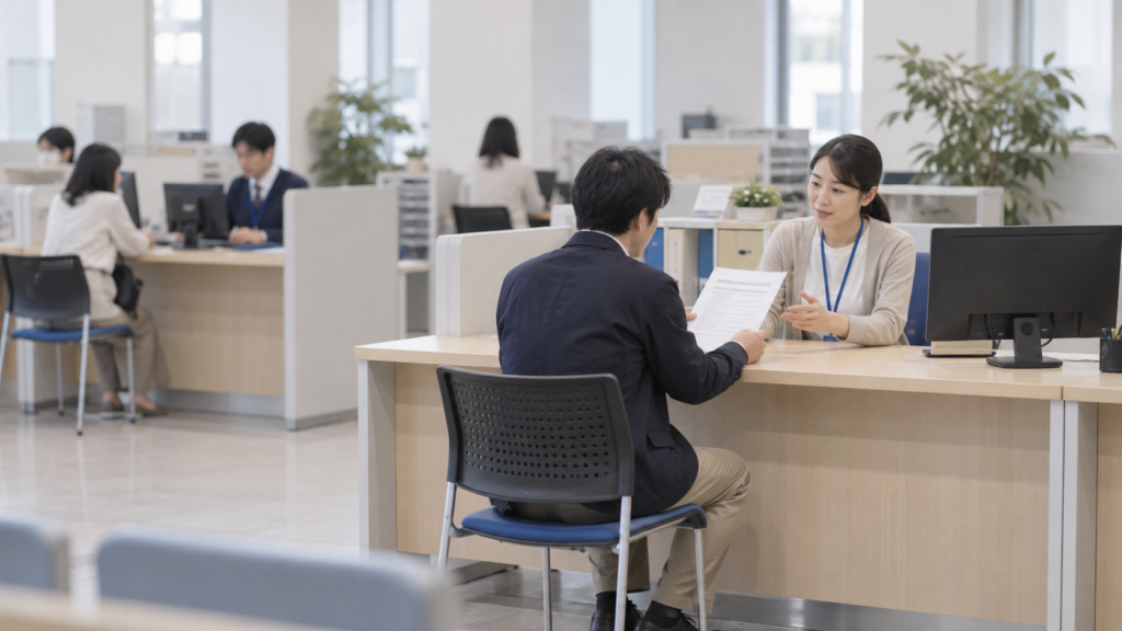 提出書類について窓口の職員に相談する人