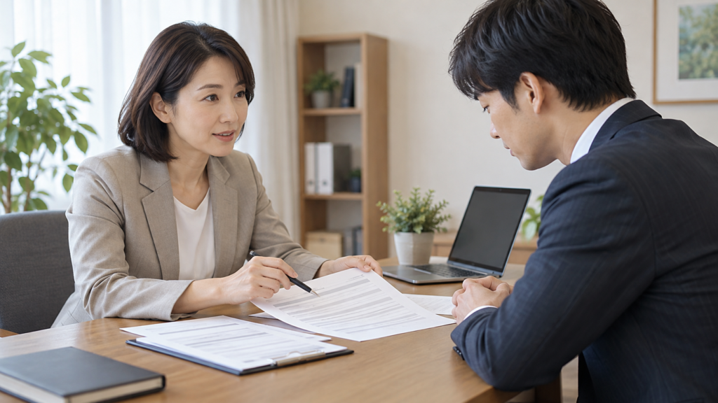 相談窓口で請求書と勤務資料を見せて相談する会社員