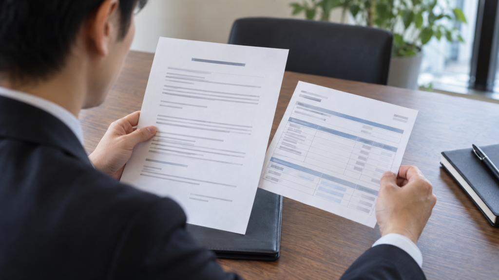 雇用契約書と給与明細を比較する会社員
