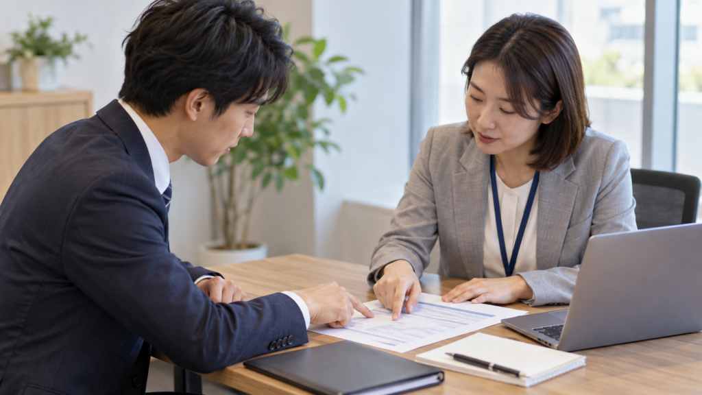 給与明細の内訳を人事担当者へ確認する会社員
