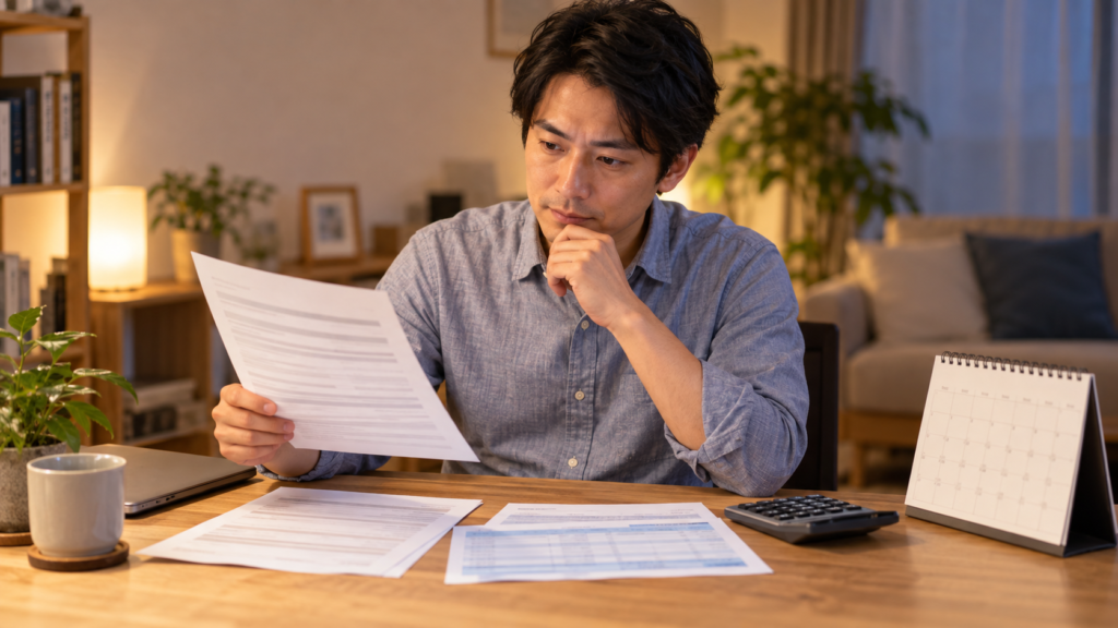 年俸と残業代の扱いを契約書と給与明細で確認する会社員