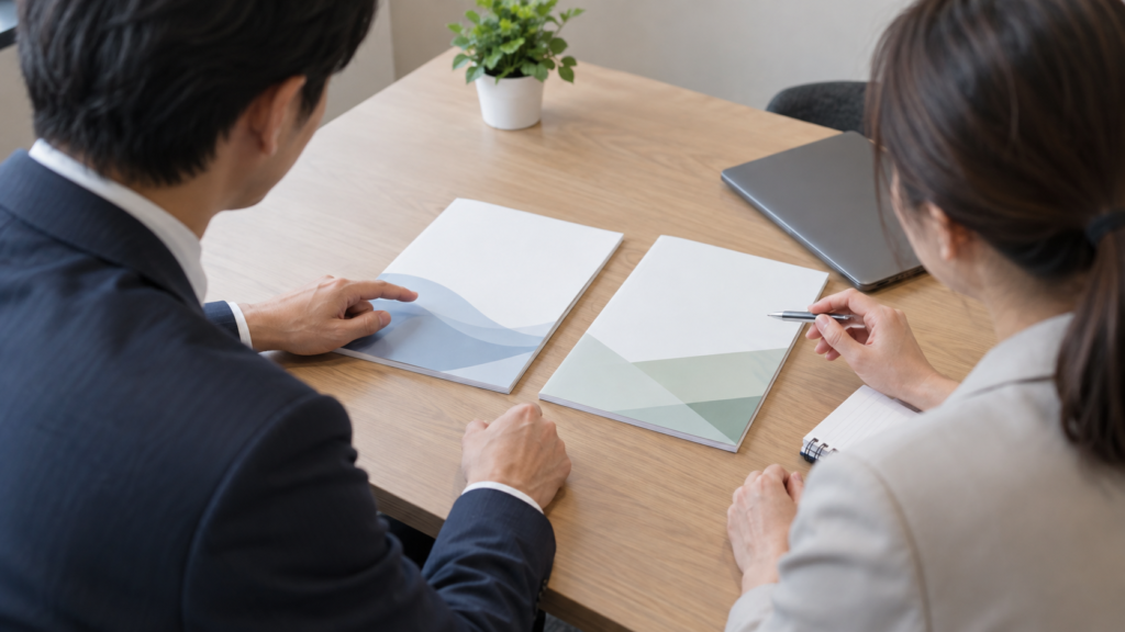 担当者と二種類の規程冊子を確認する会社員