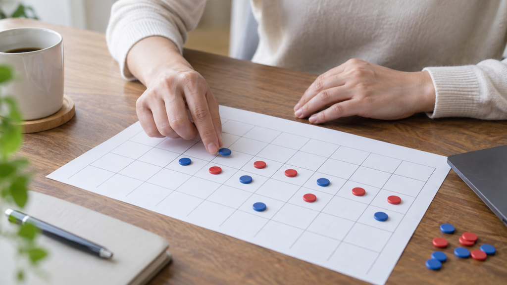 週をまたぐ休みの予定を紙と色付きチップで確認する手元