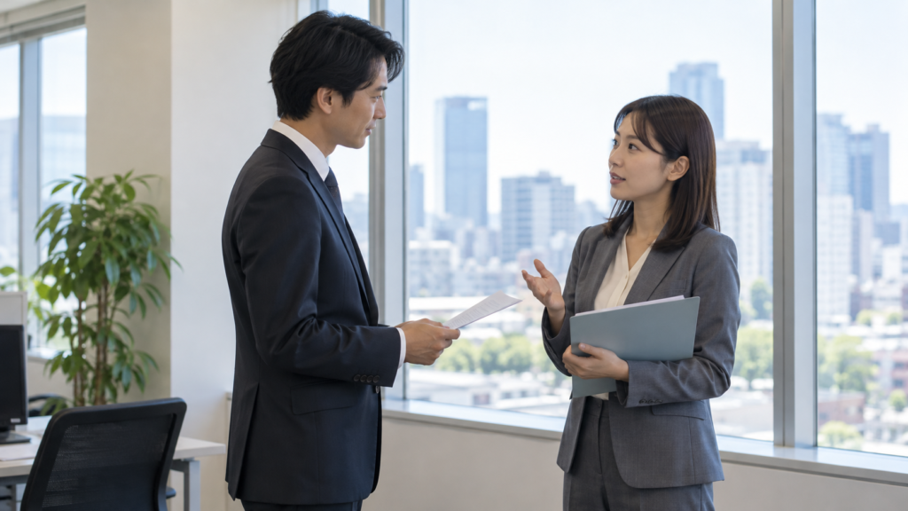 資料を手に労務担当者へ相談する会社員
