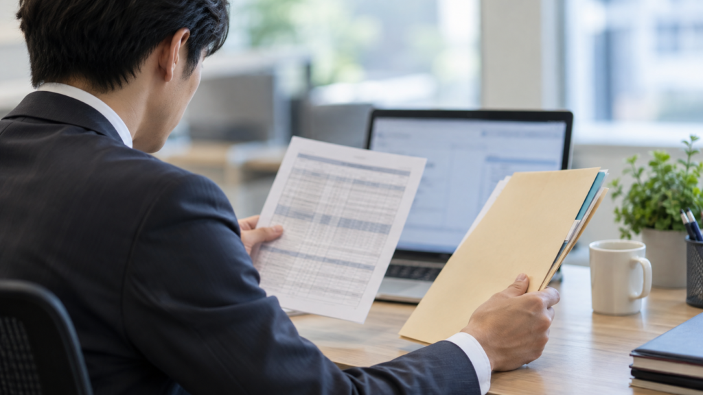 日程と申請資料を照合して勤怠を入力する会社員
