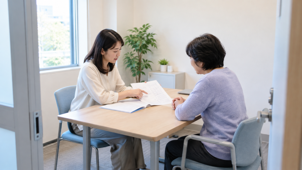 個室の相談窓口で資料を見せて説明する来訪者