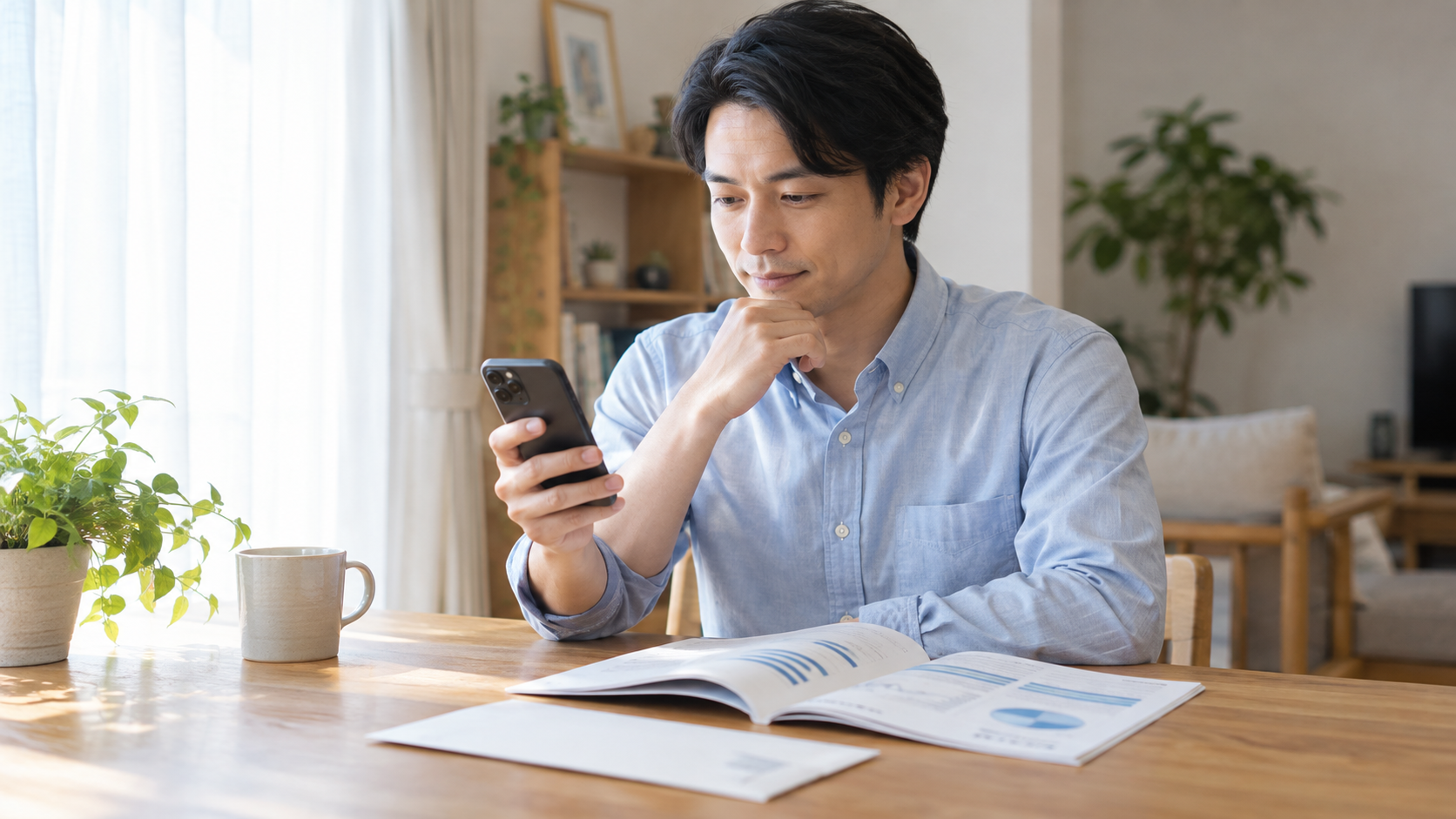 会社資料と封筒を前に家族からの連絡を確認する会社員
