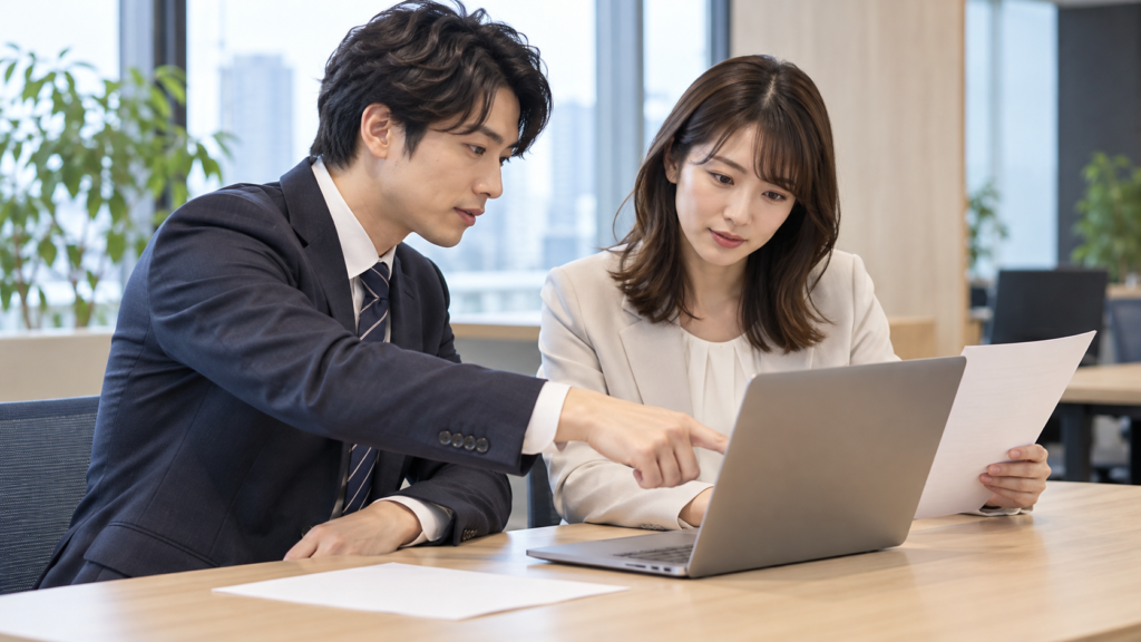 出張後の精算について経理担当者と確認する会社員