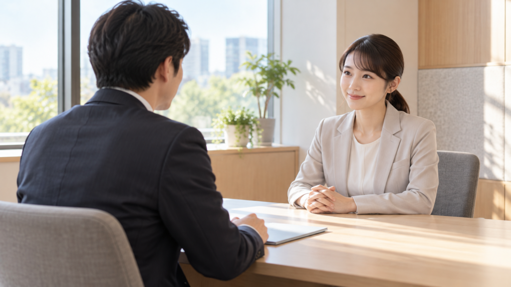 資料を持って労働条件の相談をする会社員