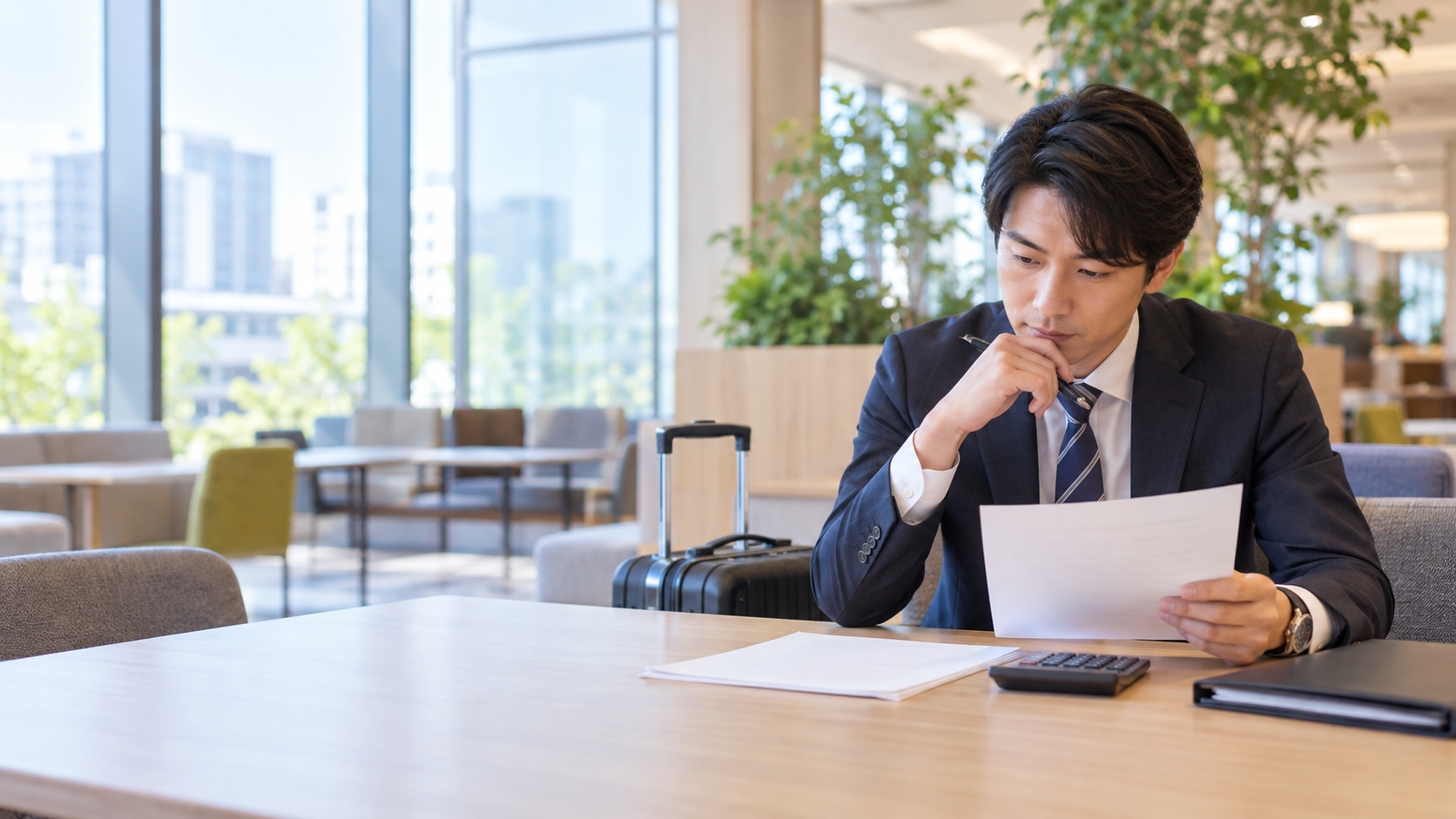 出張用の鞄と精算資料を前に支給条件を確かめる会社員