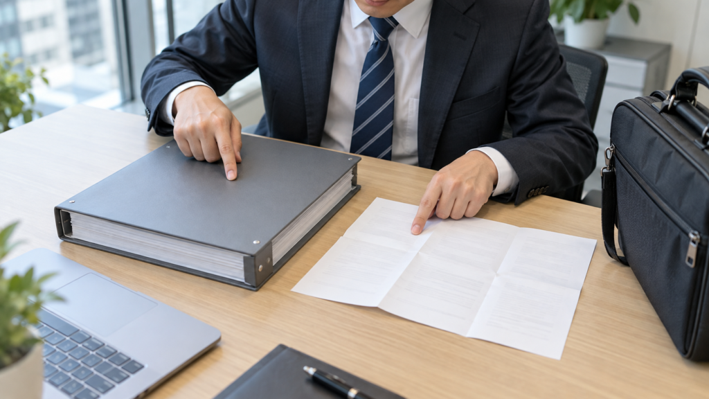 会社の規程ファイルと出張の行程を見比べる手元