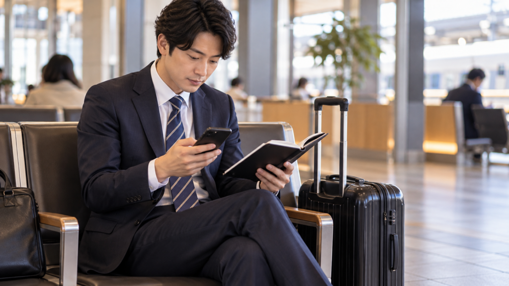 出発前に予定と必要な精算手続を確かめる会社員